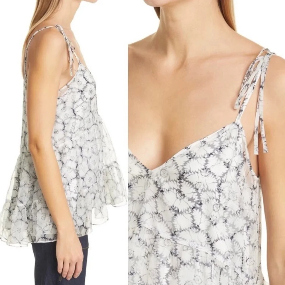 Cinq À Sept Esther Floral Ruffle Hem Sleeveless Silk Top Ivory/navy Size Medium - Picture 2 of 12
